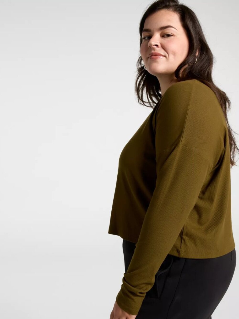 CALIA Women's Everyday Rib Boxy Long Sleeve Tee - Color: Dark Khaki Olive - Picture 8 of 9
